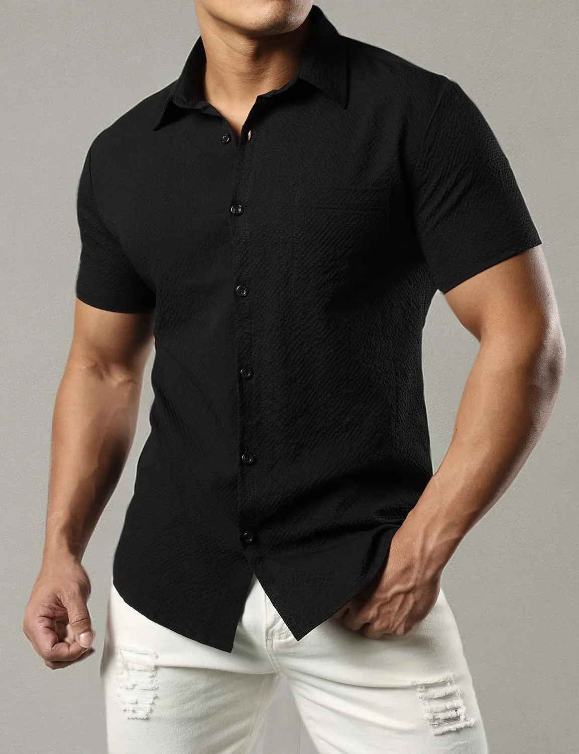 JOGAL Men's Button Down Shirts Short Sleeve Casual Shirts Textured Summer Beach Wedding Shirts