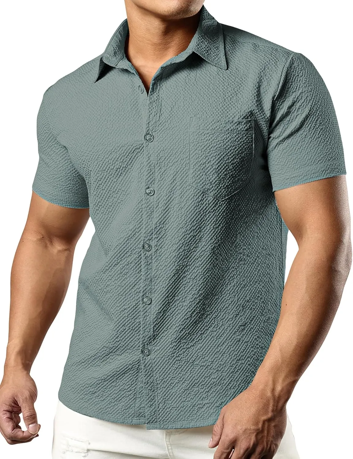 JOGAL Men's Button Down Shirts Short Sleeve Casual Shirts Textured Summer Beach Wedding Shirts