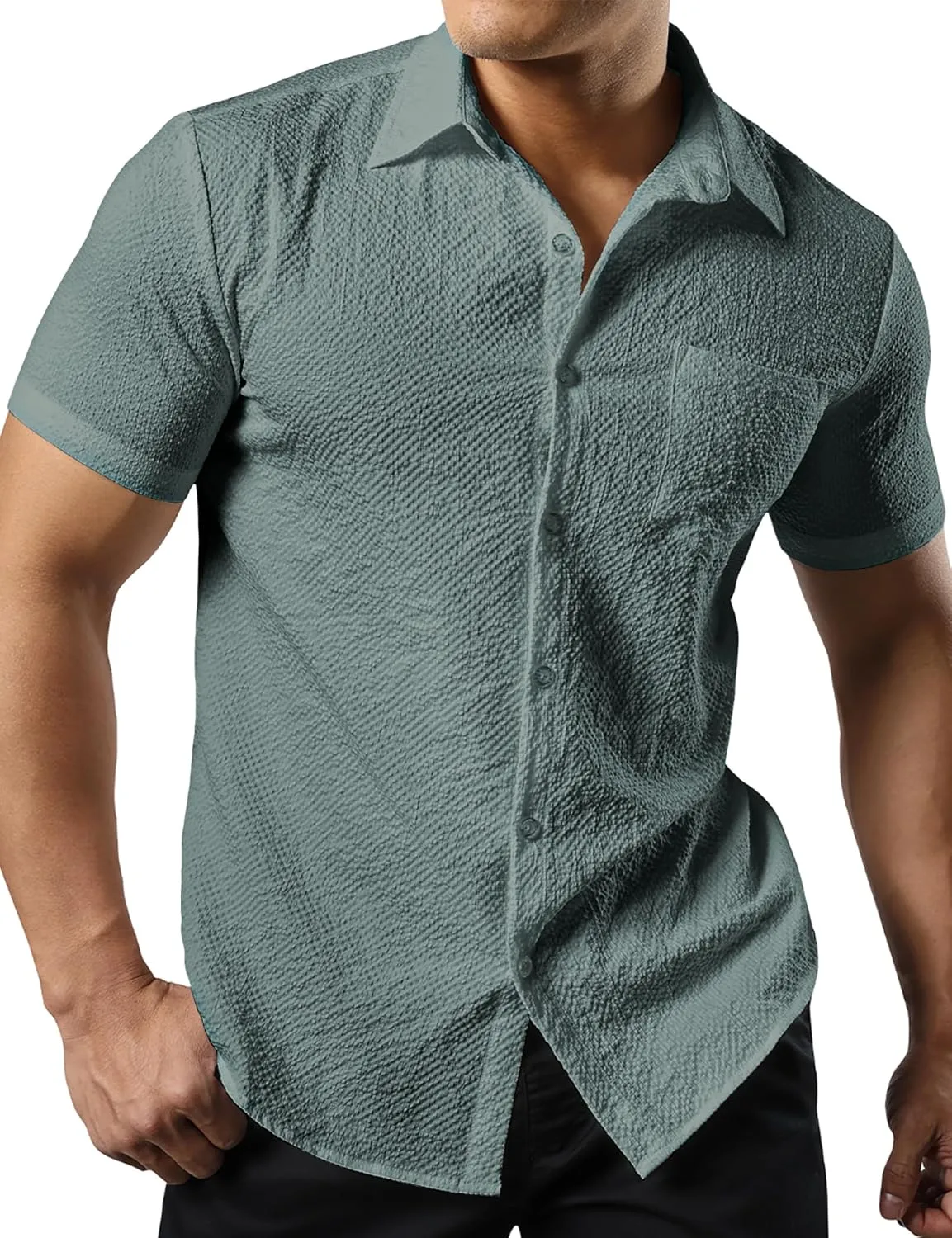 JOGAL Men's Button Down Shirts Short Sleeve Casual Shirts Textured Summer Beach Wedding Shirts