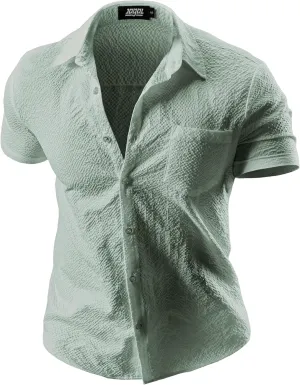 JOGAL Men's Button Down Shirts Short Sleeve Casual Shirts Textured Summer Beach Wedding Shirts