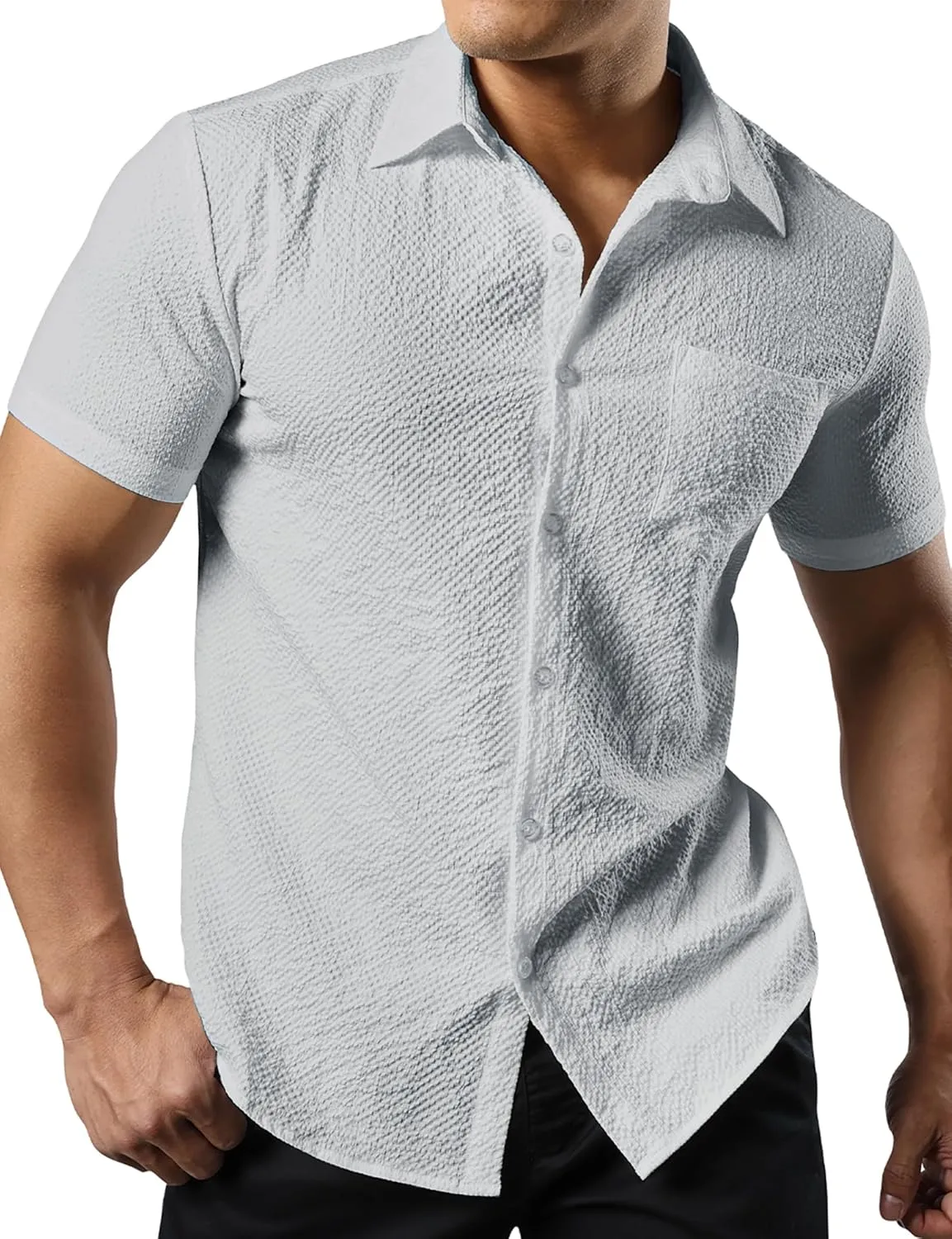 JOGAL Men's Button Down Shirts Short Sleeve Casual Shirts Textured Summer Beach Wedding Shirts