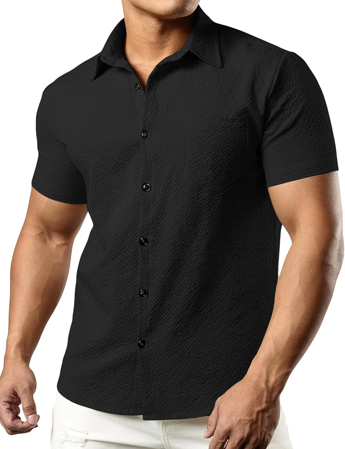 JOGAL Men's Button Down Shirts Short Sleeve Casual Shirts Textured Summer Beach Wedding Shirts