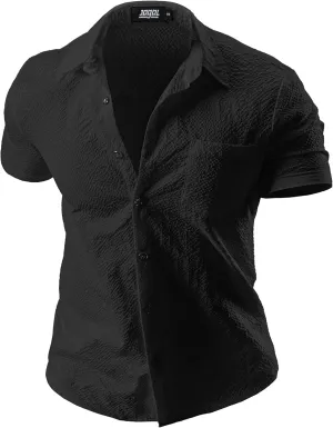 JOGAL Men's Button Down Shirts Short Sleeve Casual Shirts Textured Summer Beach Wedding Shirts
