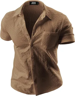 JOGAL Men's Button Down Shirts Short Sleeve Casual Shirts Textured Summer Beach Wedding Shirts