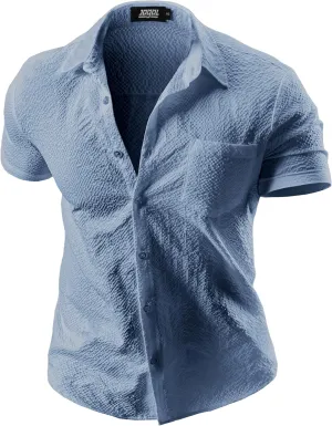 JOGAL Men's Button Down Shirts Short Sleeve Casual Shirts Textured Summer Beach Wedding Shirts