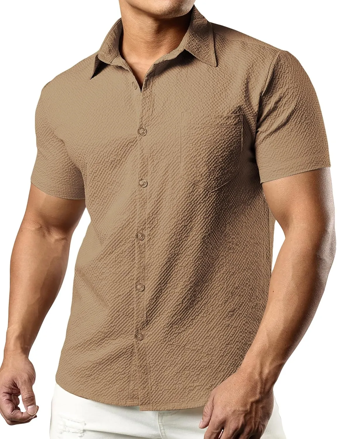JOGAL Men's Button Down Shirts Short Sleeve Casual Shirts Textured Summer Beach Wedding Shirts