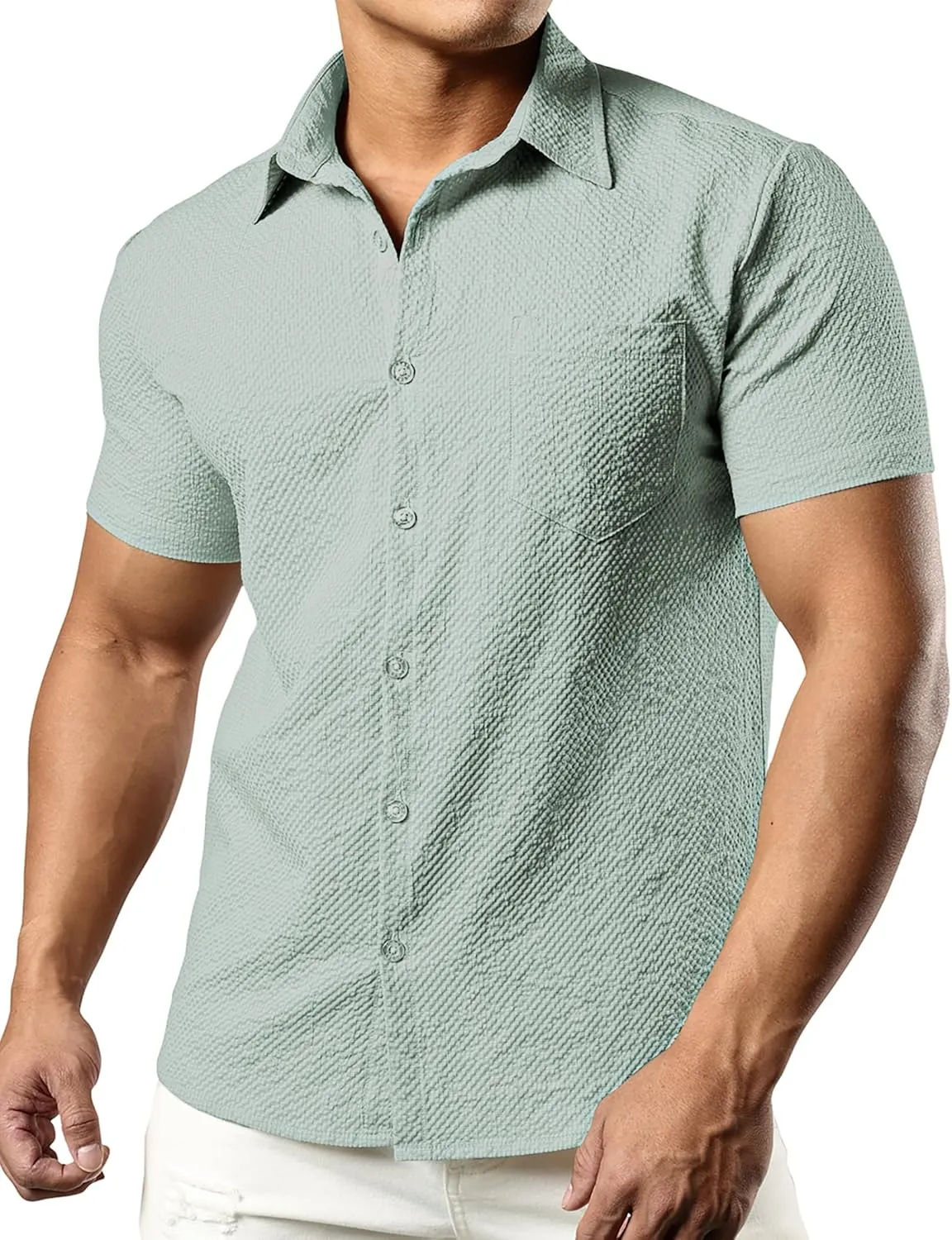 JOGAL Men's Button Down Shirts Short Sleeve Casual Shirts Textured Summer Beach Wedding Shirts