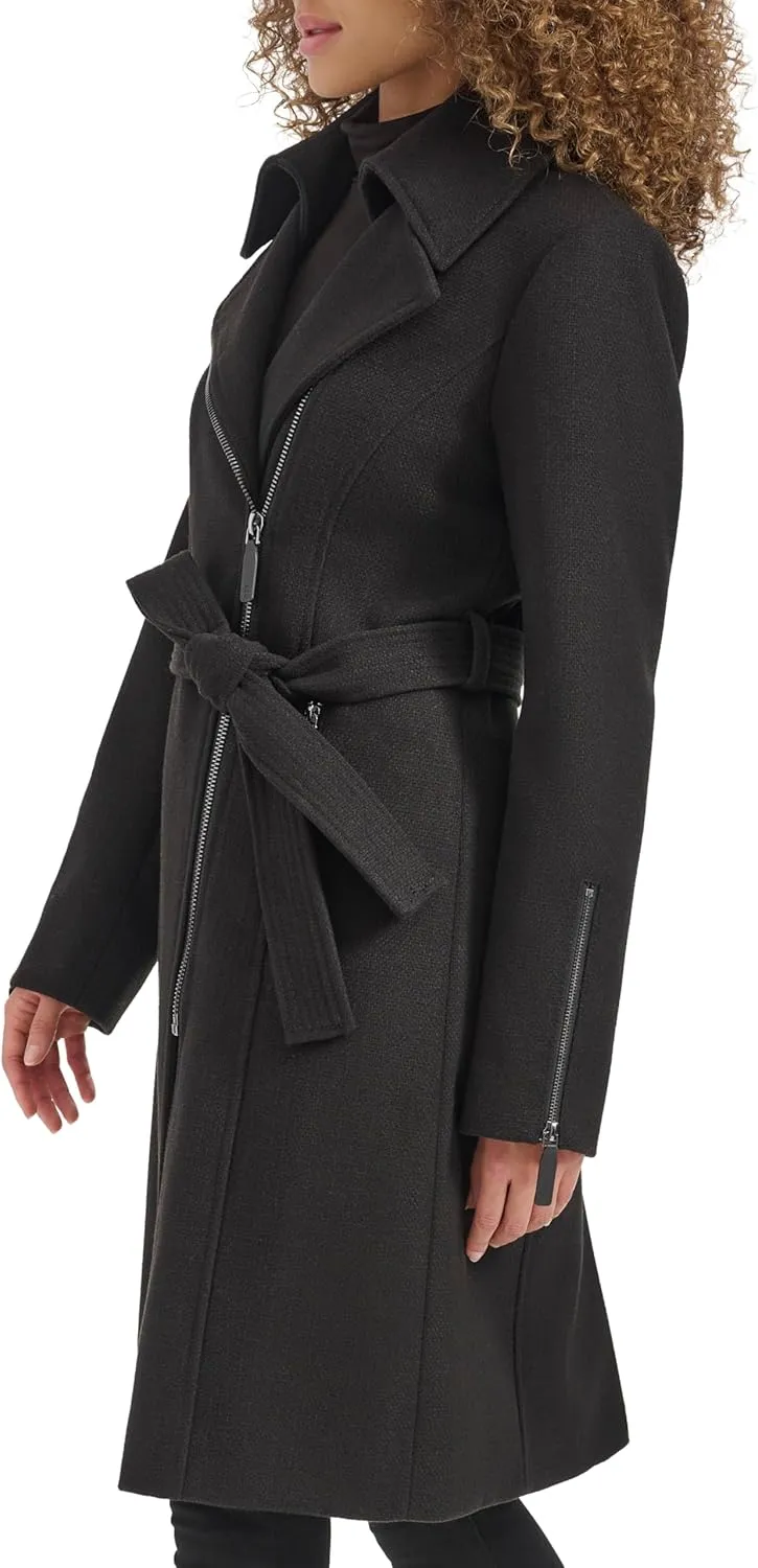 Kenneth Cole Women's Tweed Textured Asymmetrical Zip Belted Wool Coat with Zipper Trim