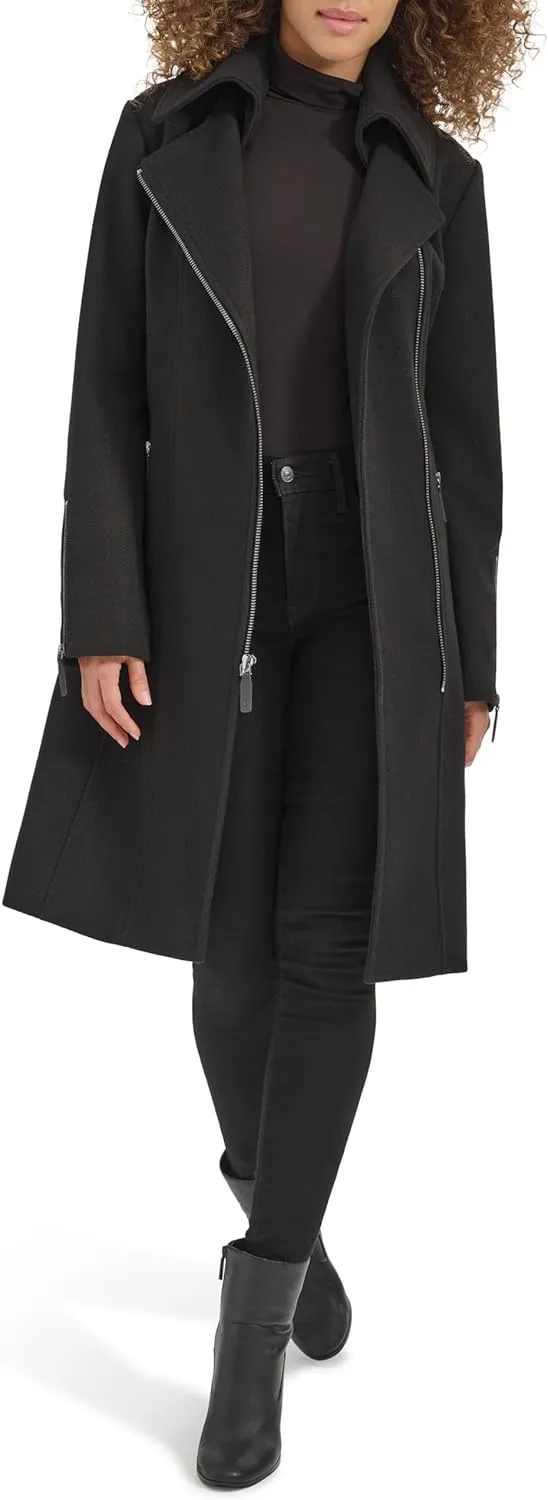 Kenneth Cole Women's Tweed Textured Asymmetrical Zip Belted Wool Coat with Zipper Trim