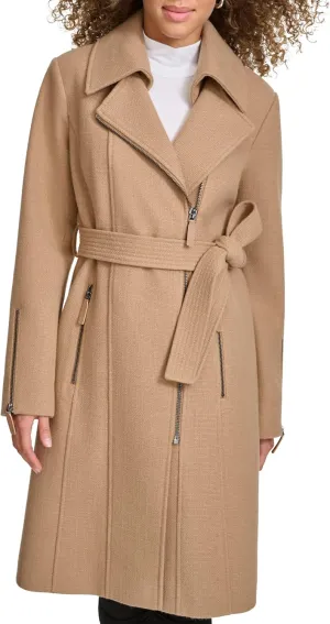Kenneth Cole Women's Tweed Textured Asymmetrical Zip Belted Wool Coat with Zipper Trim