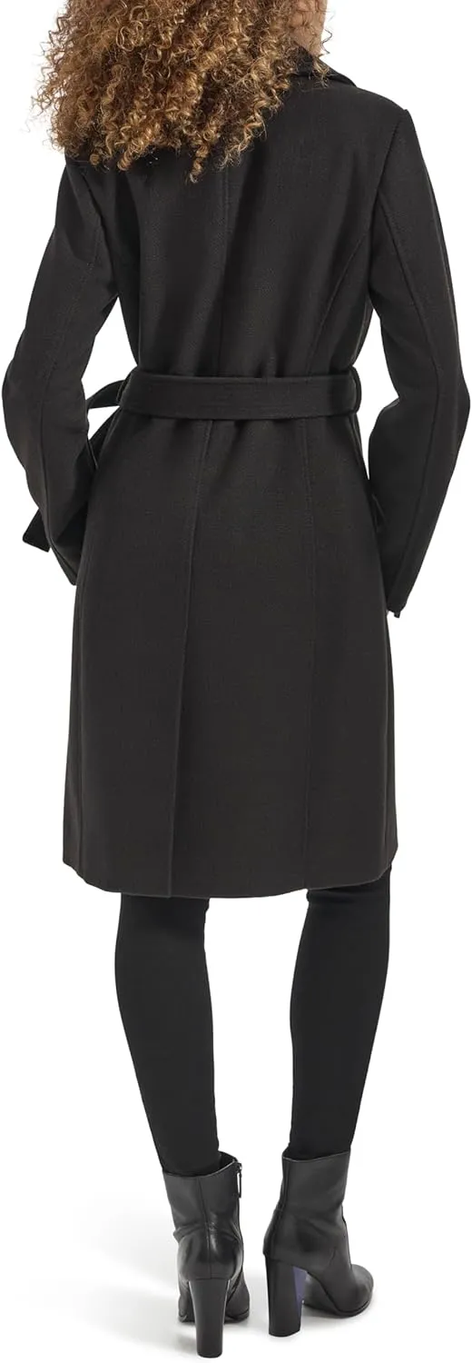 Kenneth Cole Women's Tweed Textured Asymmetrical Zip Belted Wool Coat with Zipper Trim