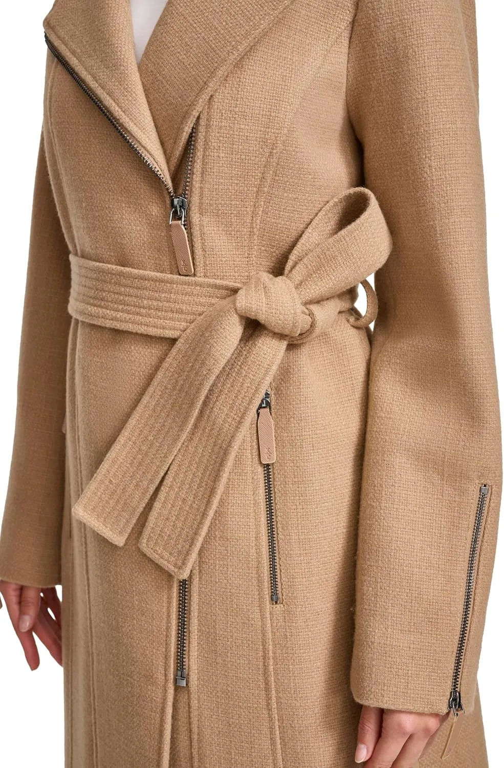 Kenneth Cole Women's Tweed Textured Asymmetrical Zip Belted Wool Coat with Zipper Trim
