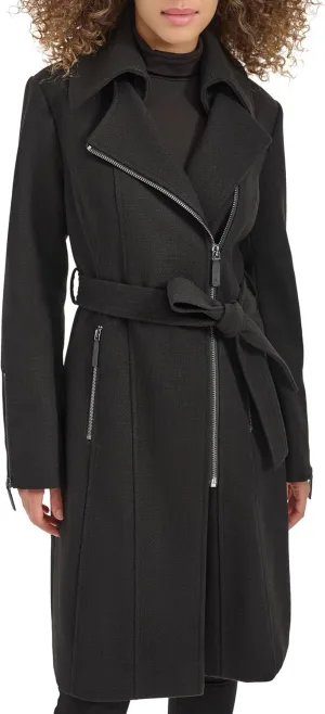Kenneth Cole Women's Tweed Textured Asymmetrical Zip Belted Wool Coat with Zipper Trim