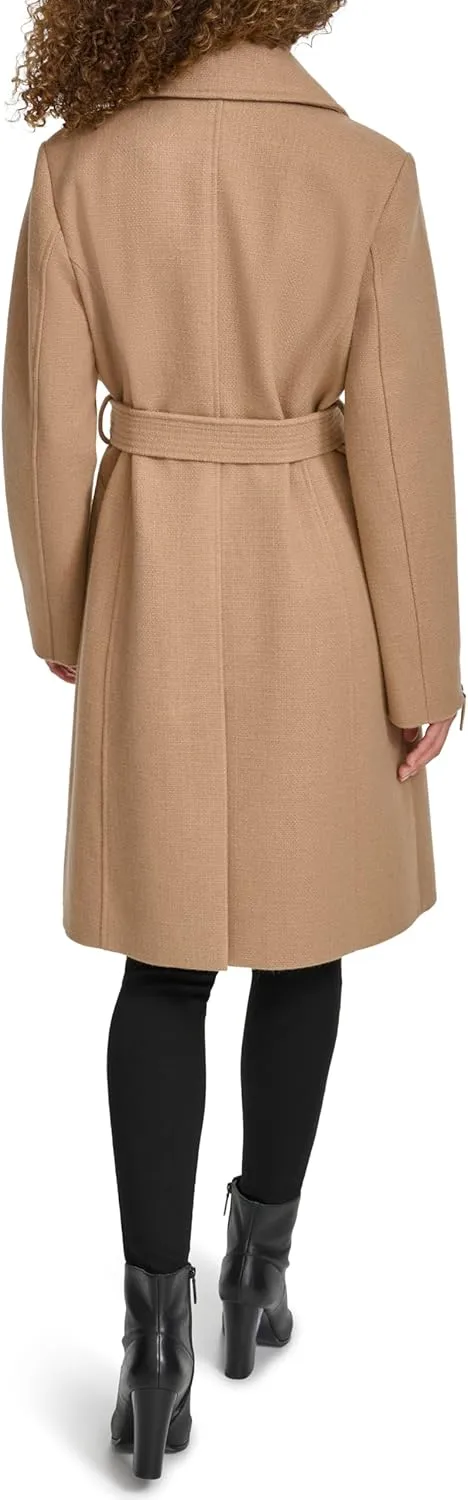 Kenneth Cole Women's Tweed Textured Asymmetrical Zip Belted Wool Coat with Zipper Trim