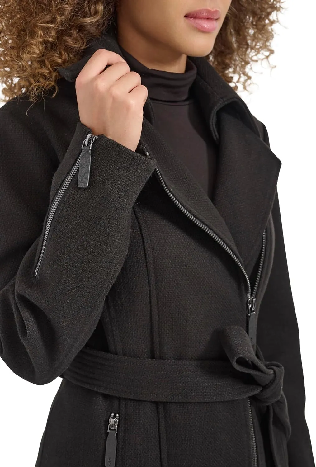 Kenneth Cole Women's Tweed Textured Asymmetrical Zip Belted Wool Coat with Zipper Trim