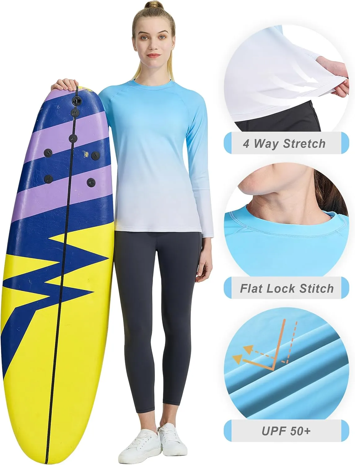 KPSUN Womens Long Sleeve Rash Guard UPF 50  Swim Shirts Sun Uv Protection Surfing Top for Beach Swimming Quick Dry