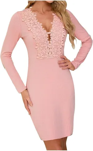 Lace Long Sleeve Deep V Neck Bodycon Dress for Women Elegant Party Floral Appliques Cocktail Nightout Formal Occasions