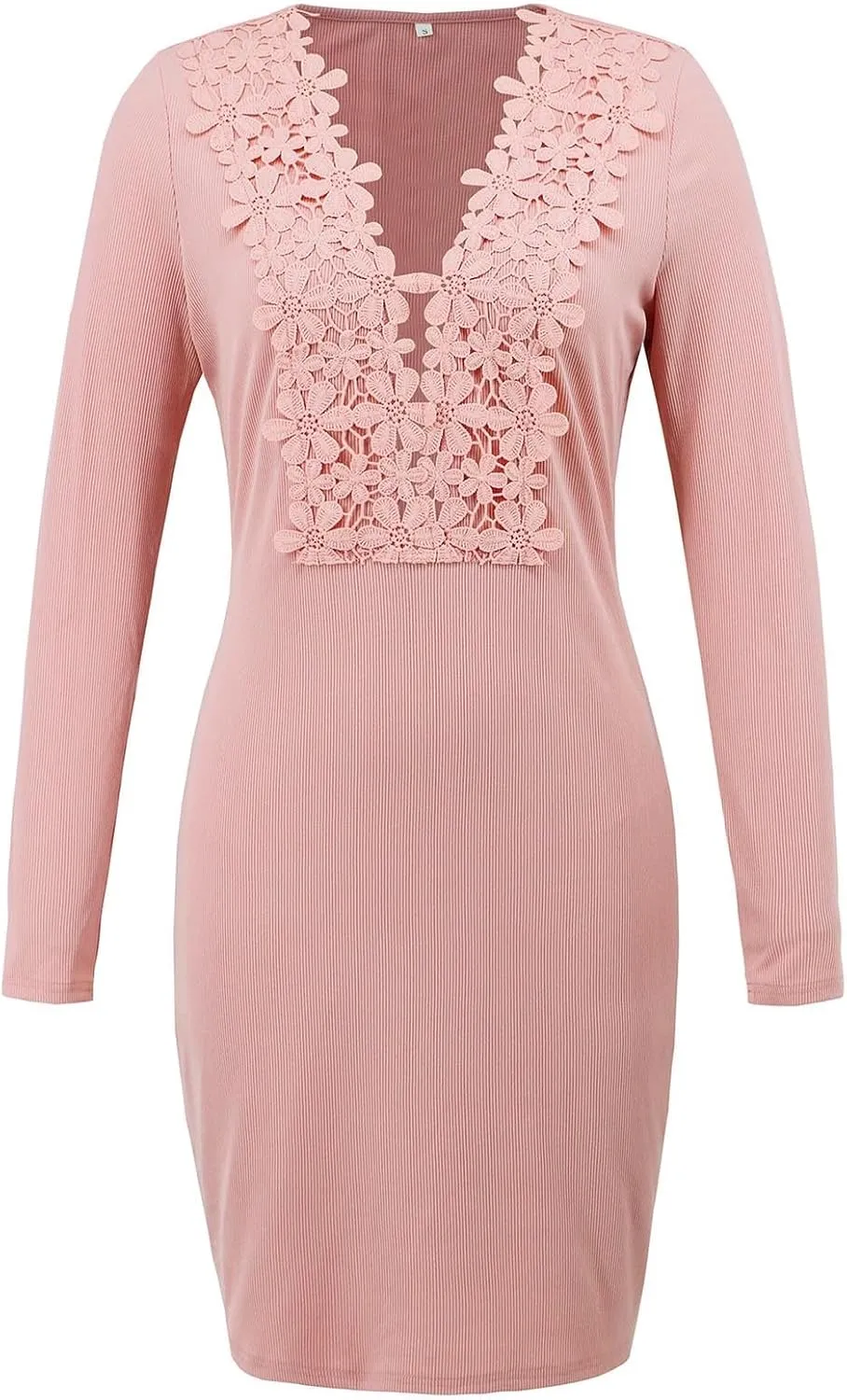 Lace Long Sleeve Deep V Neck Bodycon Dress for Women Elegant Party Floral Appliques Cocktail Nightout Formal Occasions