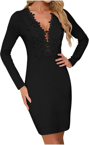 Lace Long Sleeve Deep V Neck Bodycon Dress for Women Elegant Party Floral Appliques Cocktail Nightout Formal Occasions