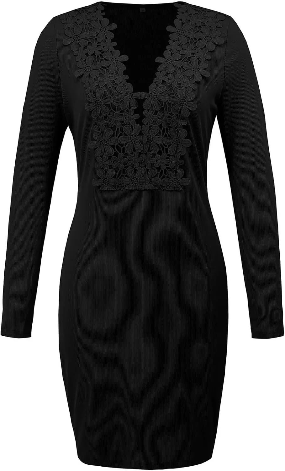 Lace Long Sleeve Deep V Neck Bodycon Dress for Women Elegant Party Floral Appliques Cocktail Nightout Formal Occasions