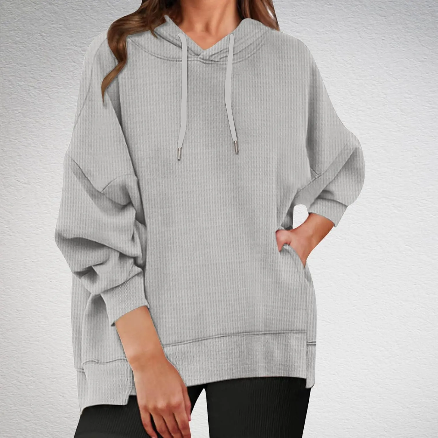 Ladies Oversized Hoodies Casual Long Sleeve Drawstring Waffle Pullover Tops Preppy Sweatshirt Fall Trendy Clothes