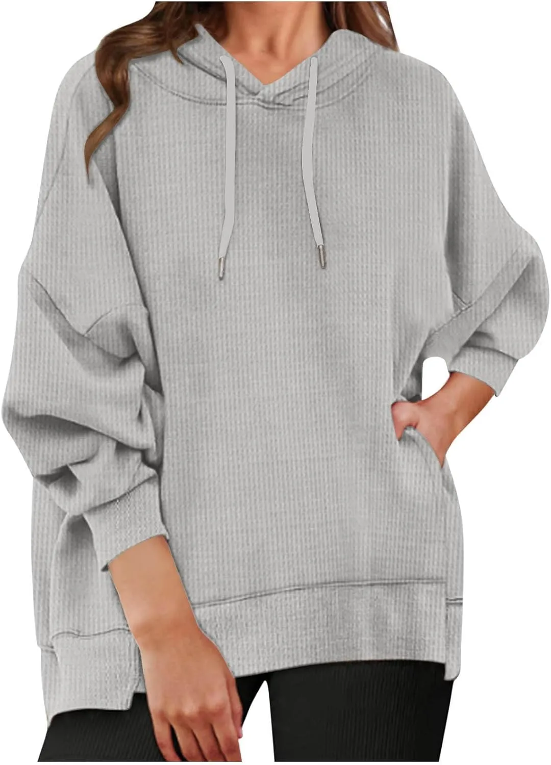 Ladies Oversized Hoodies Casual Long Sleeve Drawstring Waffle Pullover Tops Preppy Sweatshirt Fall Trendy Clothes