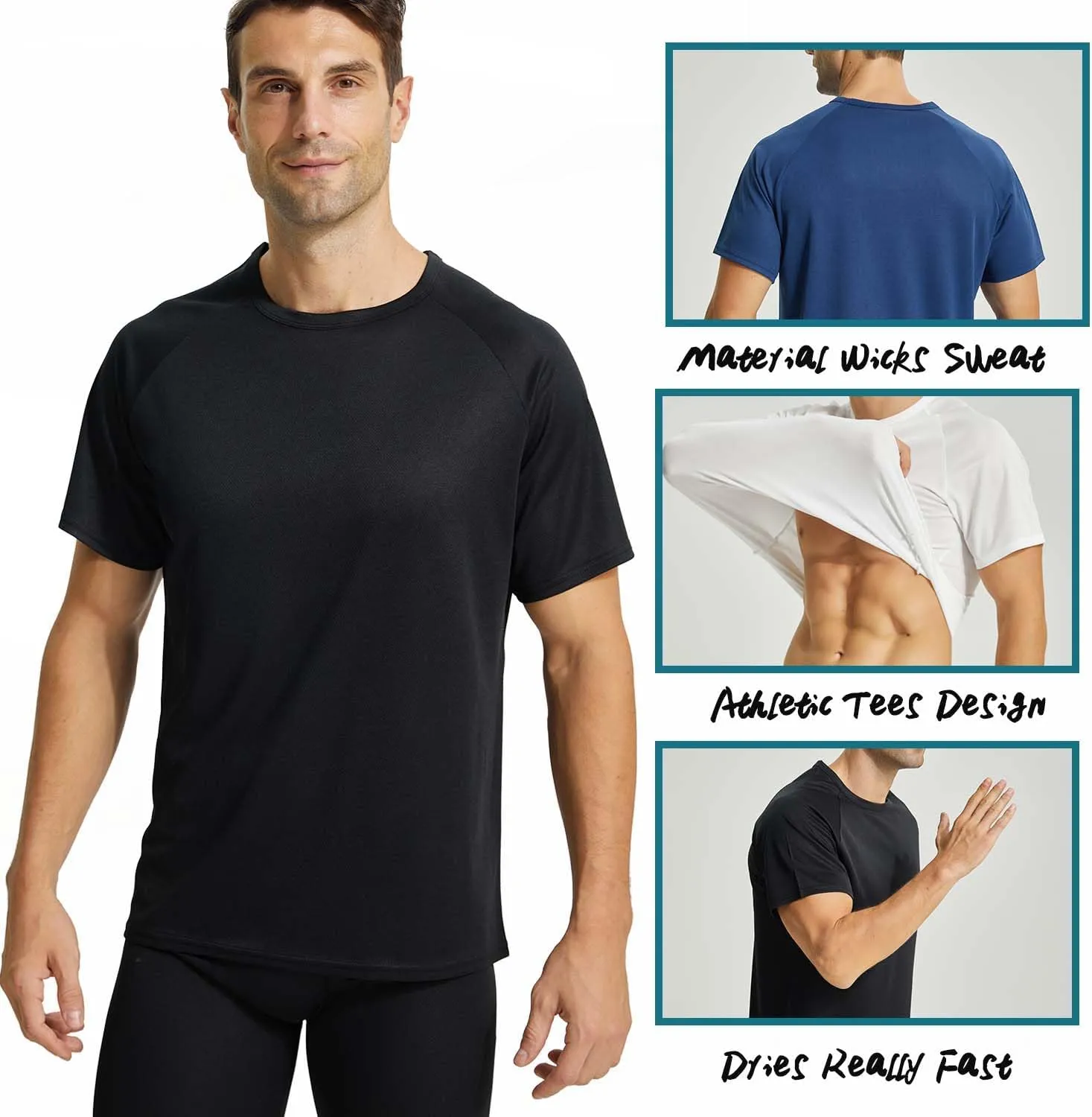 LANBAOSI 3 Pack Workout Running Shirts for Men Moisture Wicking Quick Dry Athletic Active Men's Gym Performance T Shirts