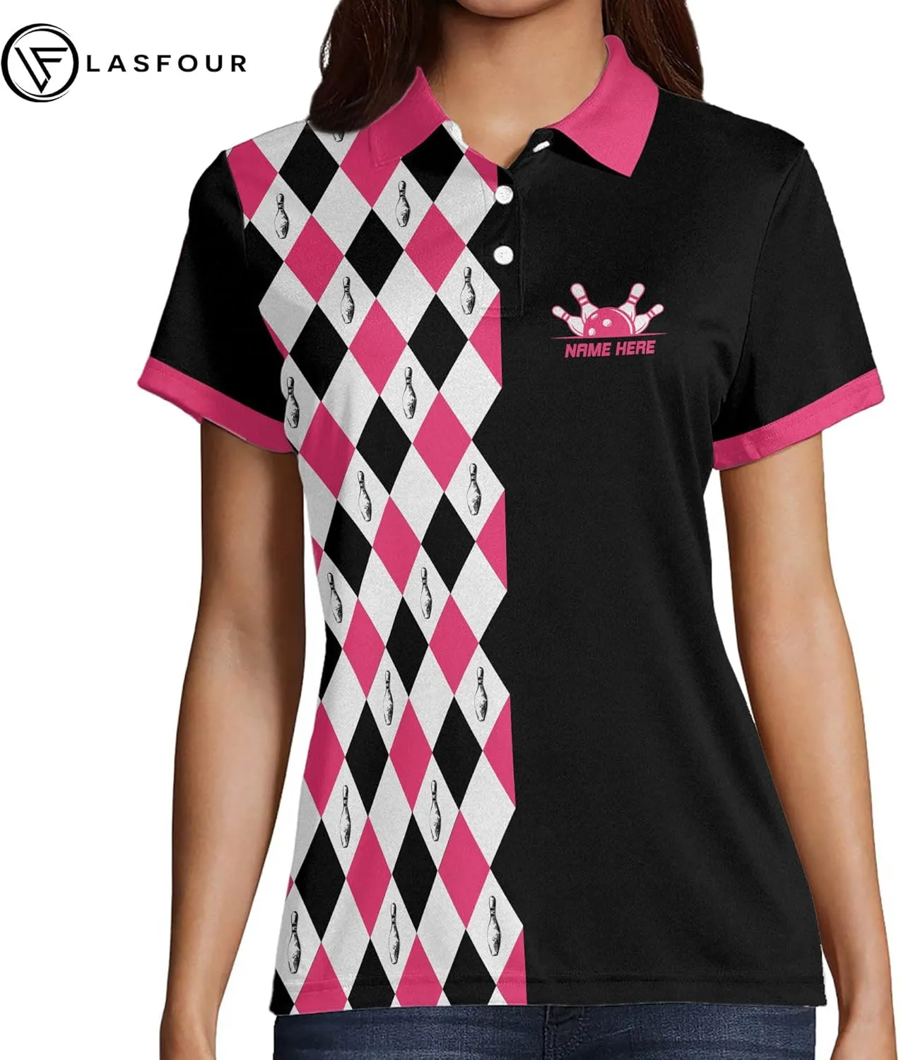 LASFOUR Personalized 3D Funny Bowling Shirts for Women, Custom Bowling Team Shirts for Women, Women Bowling Jerseys