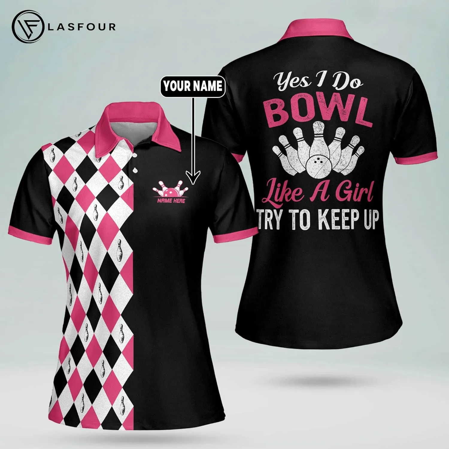 LASFOUR Personalized 3D Funny Bowling Shirts for Women, Custom Bowling Team Shirts for Women, Women Bowling Jerseys
