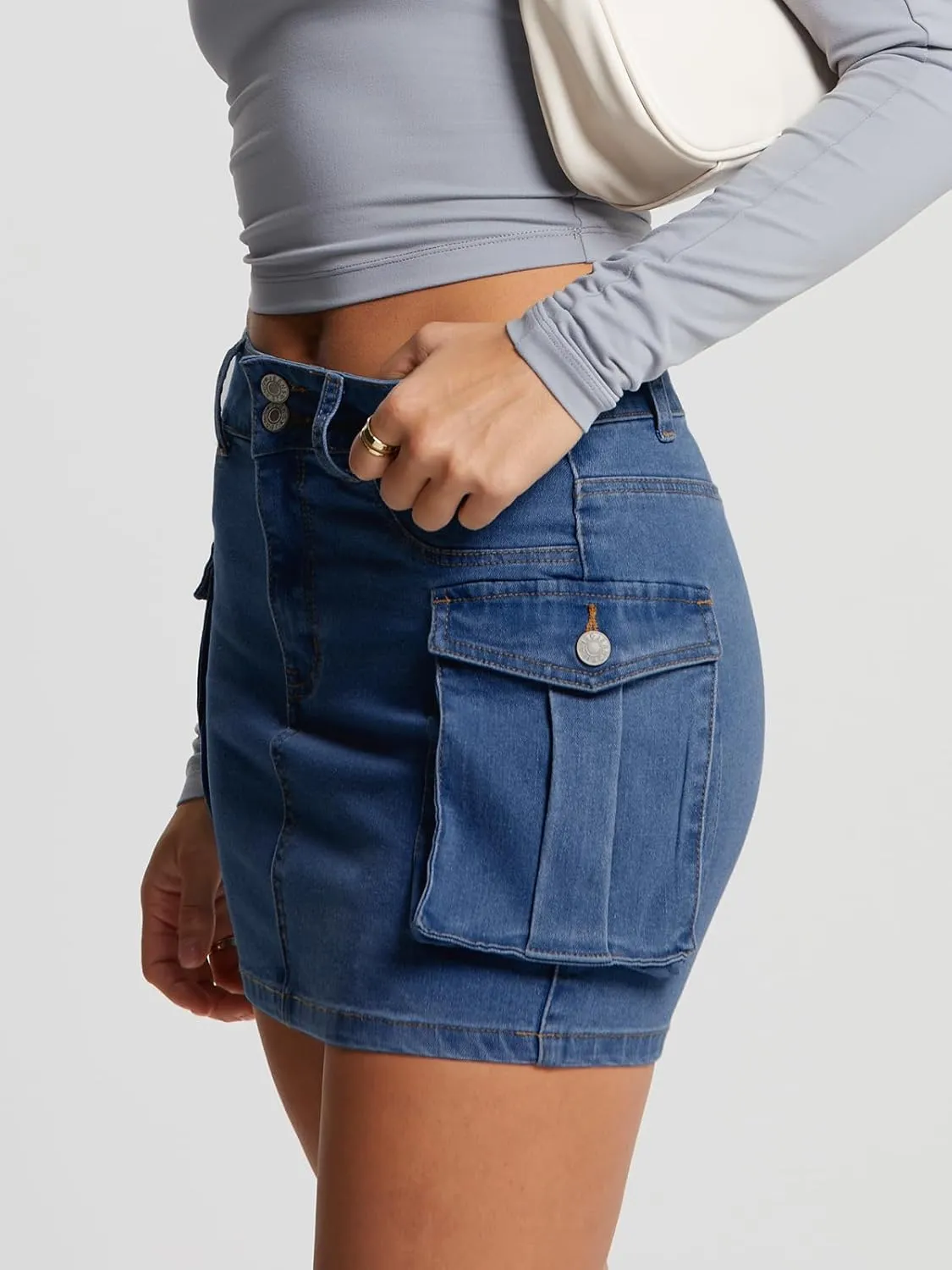 LILLUSORY Women Cargo Mini Skirt Denim Jean Dress with Pocket