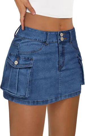 LILLUSORY Women Cargo Mini Skirt Denim Jean Dress with Pocket