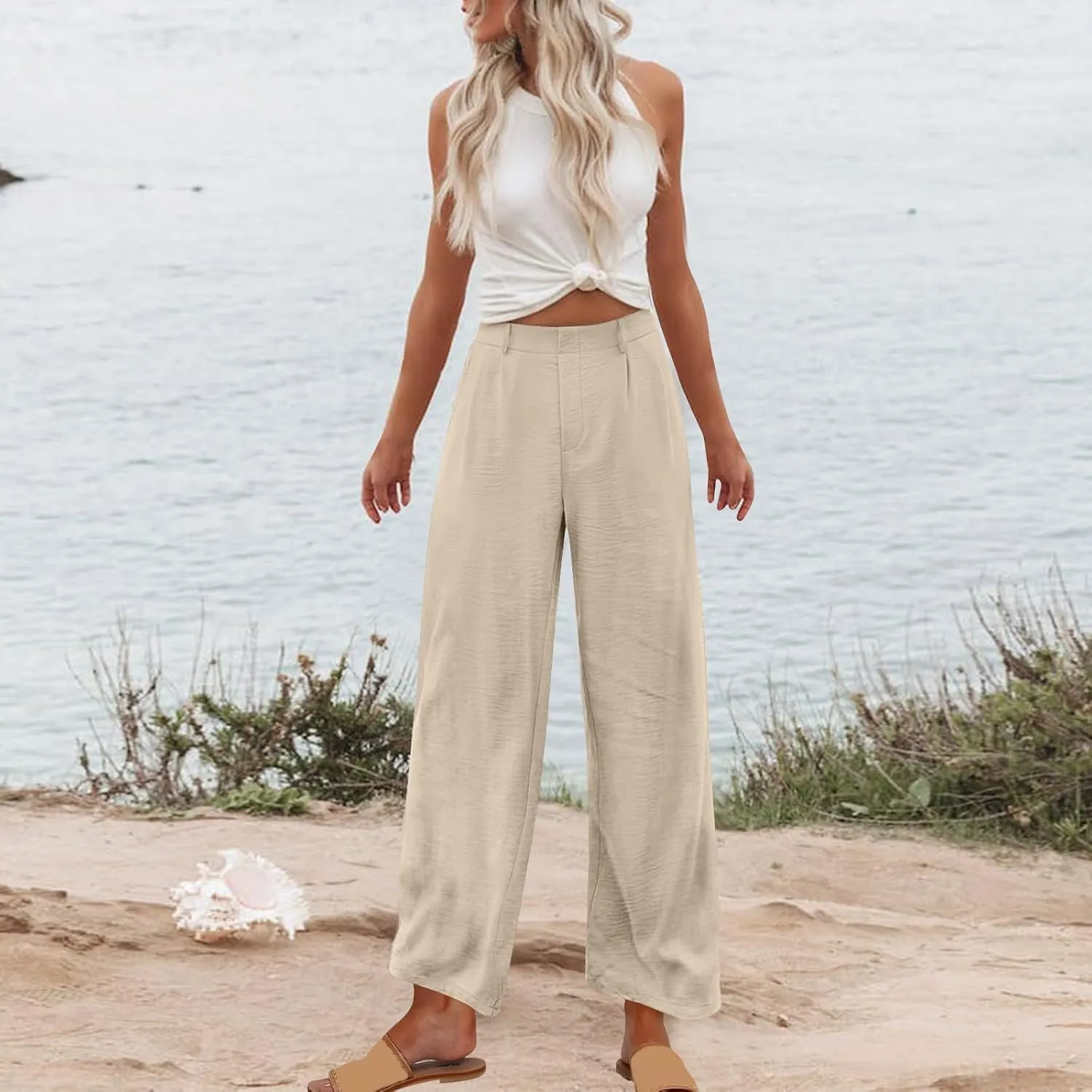 Linen Pants for Women High Waisted Wed Leg Palazzo Pants Summer Casual Lounge Trousers Trendy Vacation Outfits