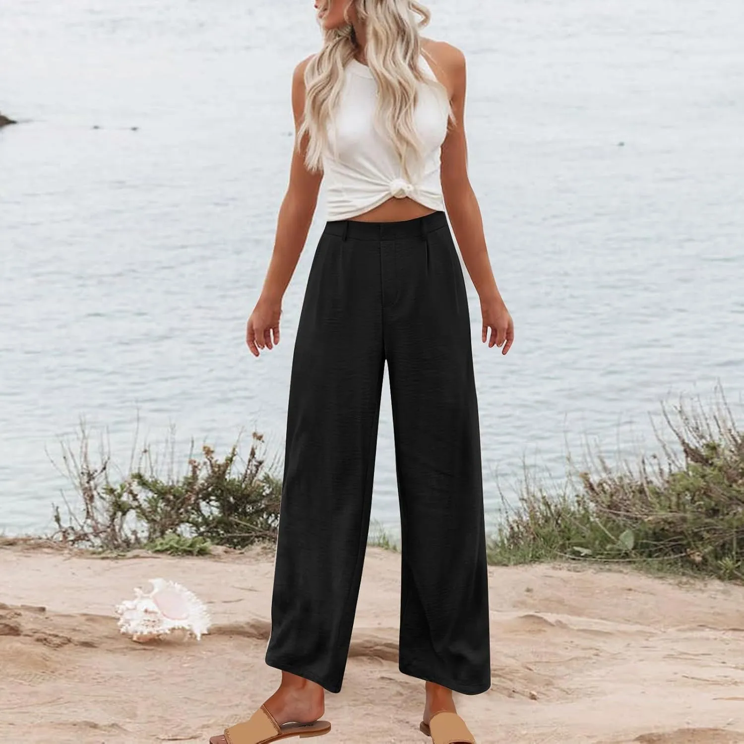 Linen Pants for Women High Waisted Wed Leg Palazzo Pants Summer Casual Lounge Trousers Trendy Vacation Outfits