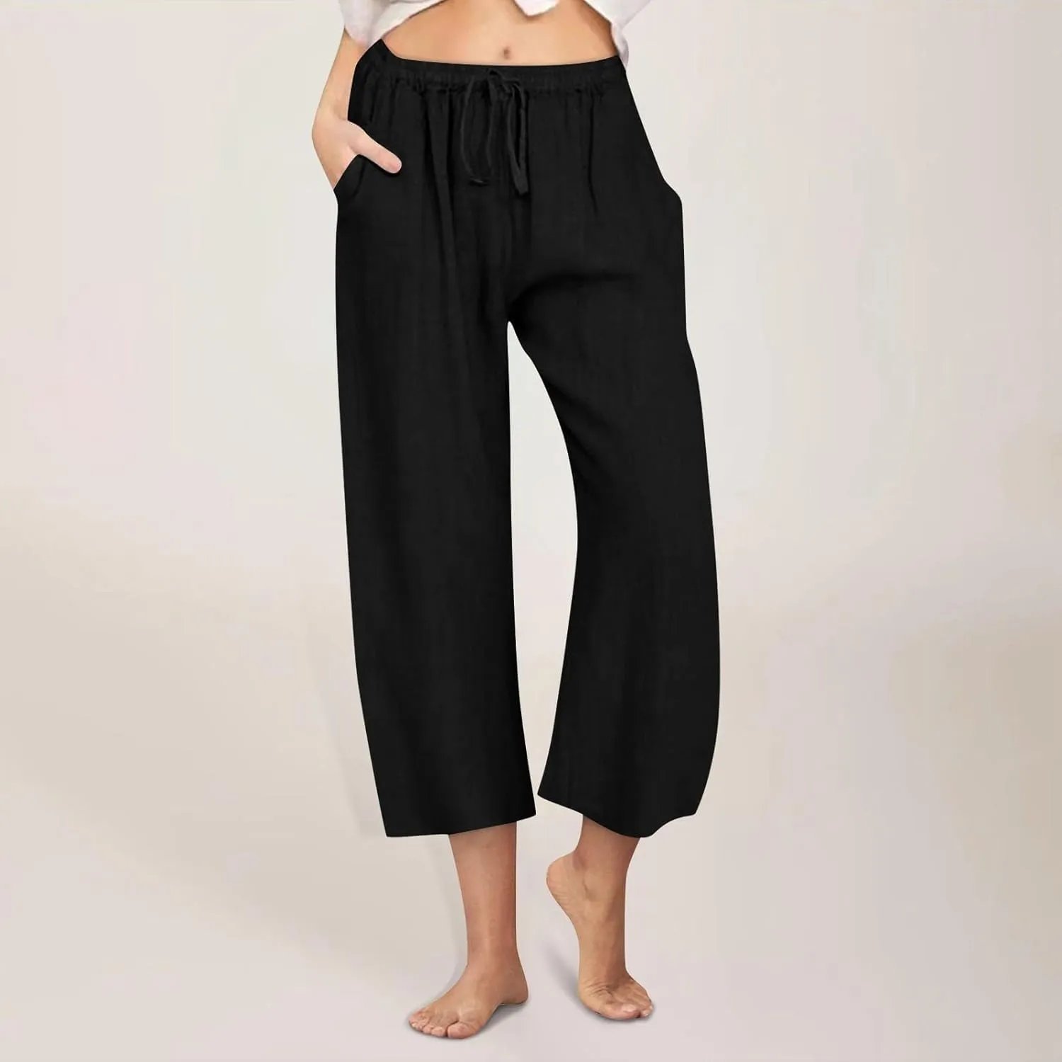 Linen Pants Women Summer Casual Wed Leg Lounge Trousers Drawstring High Waist Cropped Capri Pants Boho Beach Outfits