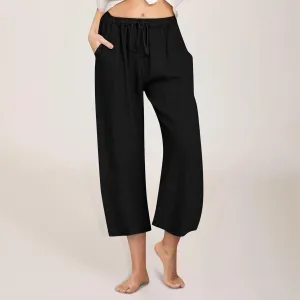 Linen Pants Women Summer Casual Wed Leg Lounge Trousers Drawstring High Waist Cropped Capri Pants Boho Beach Outfits