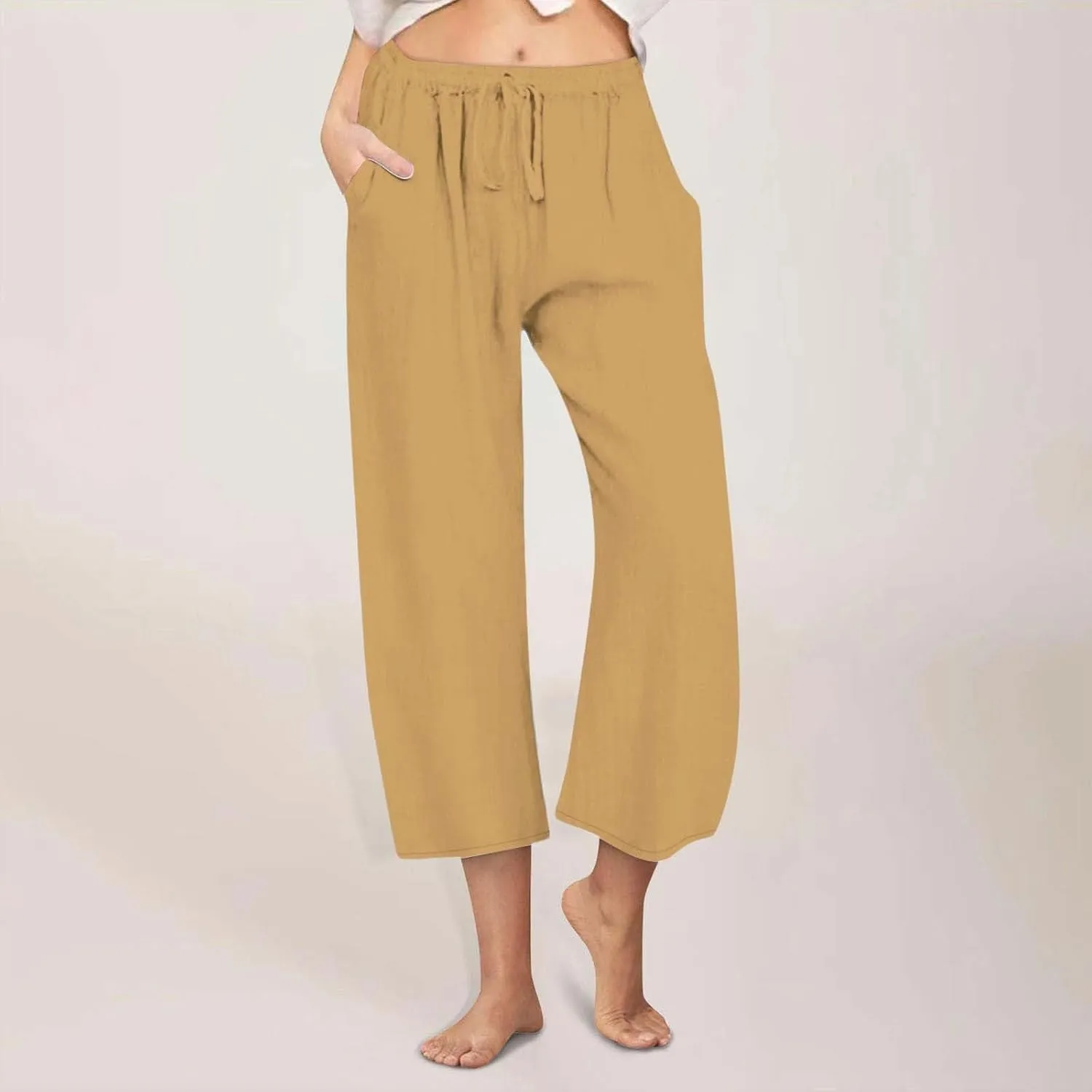 Linen Pants Women Summer Casual Wed Leg Lounge Trousers Drawstring High Waist Cropped Capri Pants Boho Beach Outfits