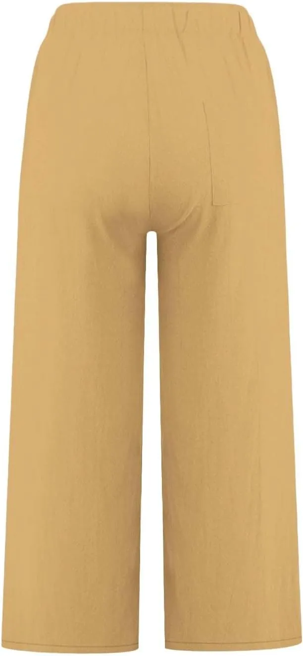 Linen Pants Women Summer Casual Wed Leg Lounge Trousers Drawstring High Waist Cropped Capri Pants Boho Beach Outfits