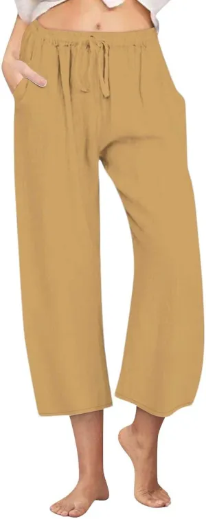 Linen Pants Women Summer Casual Wed Leg Lounge Trousers Drawstring High Waist Cropped Capri Pants Boho Beach Outfits