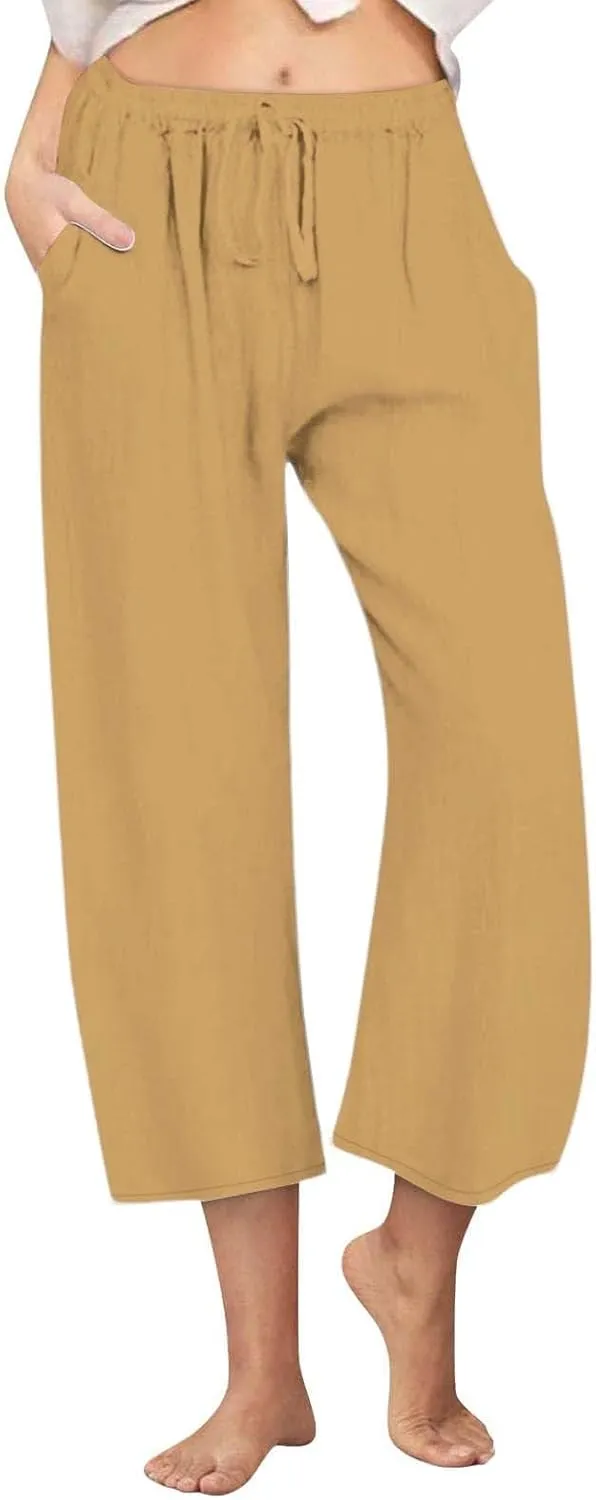 Linen Pants Women Summer Casual Wed Leg Lounge Trousers Drawstring High Waist Cropped Capri Pants Boho Beach Outfits