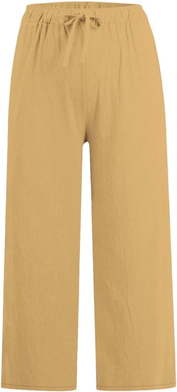 Linen Pants Women Summer Casual Wed Leg Lounge Trousers Drawstring High Waist Cropped Capri Pants Boho Beach Outfits