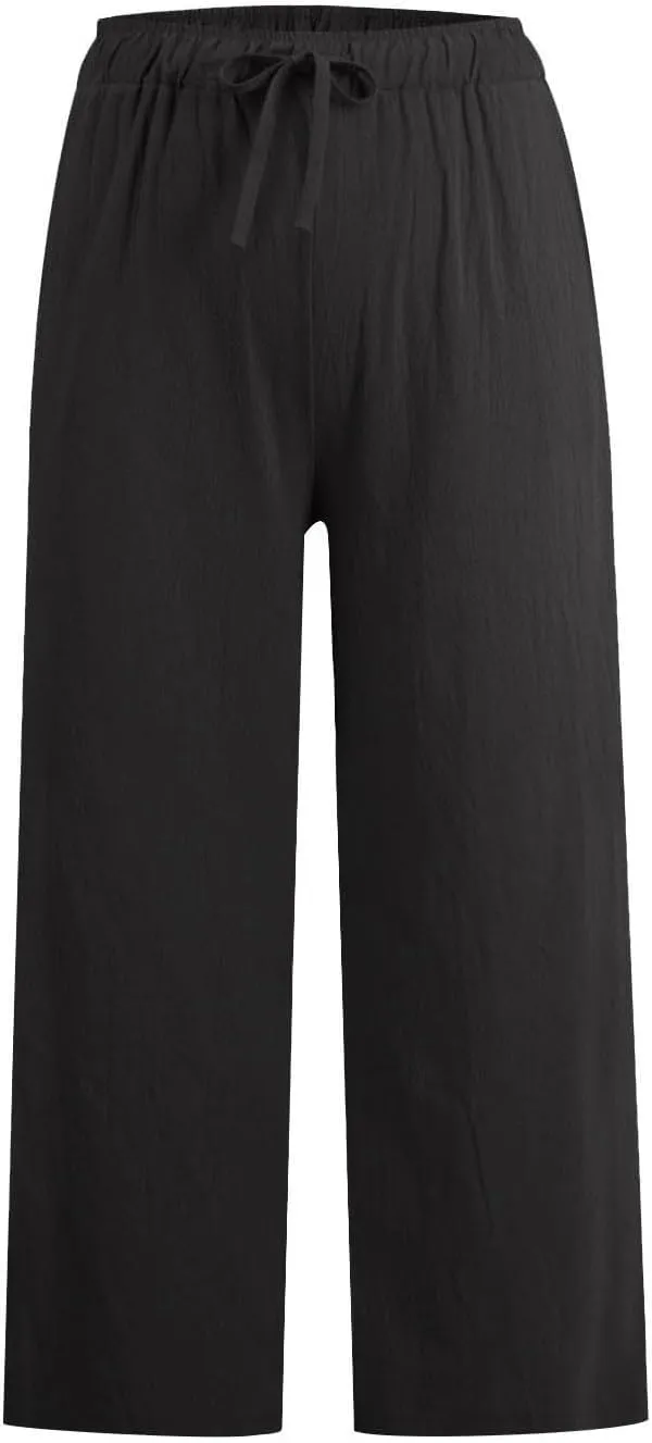 Linen Pants Women Summer Casual Wed Leg Lounge Trousers Drawstring High Waist Cropped Capri Pants Boho Beach Outfits