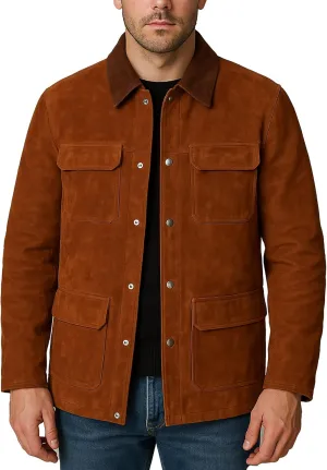 LP-FACON Mens Trucker Suede Leather Jacket-The Part II Brown Leather Jacket
