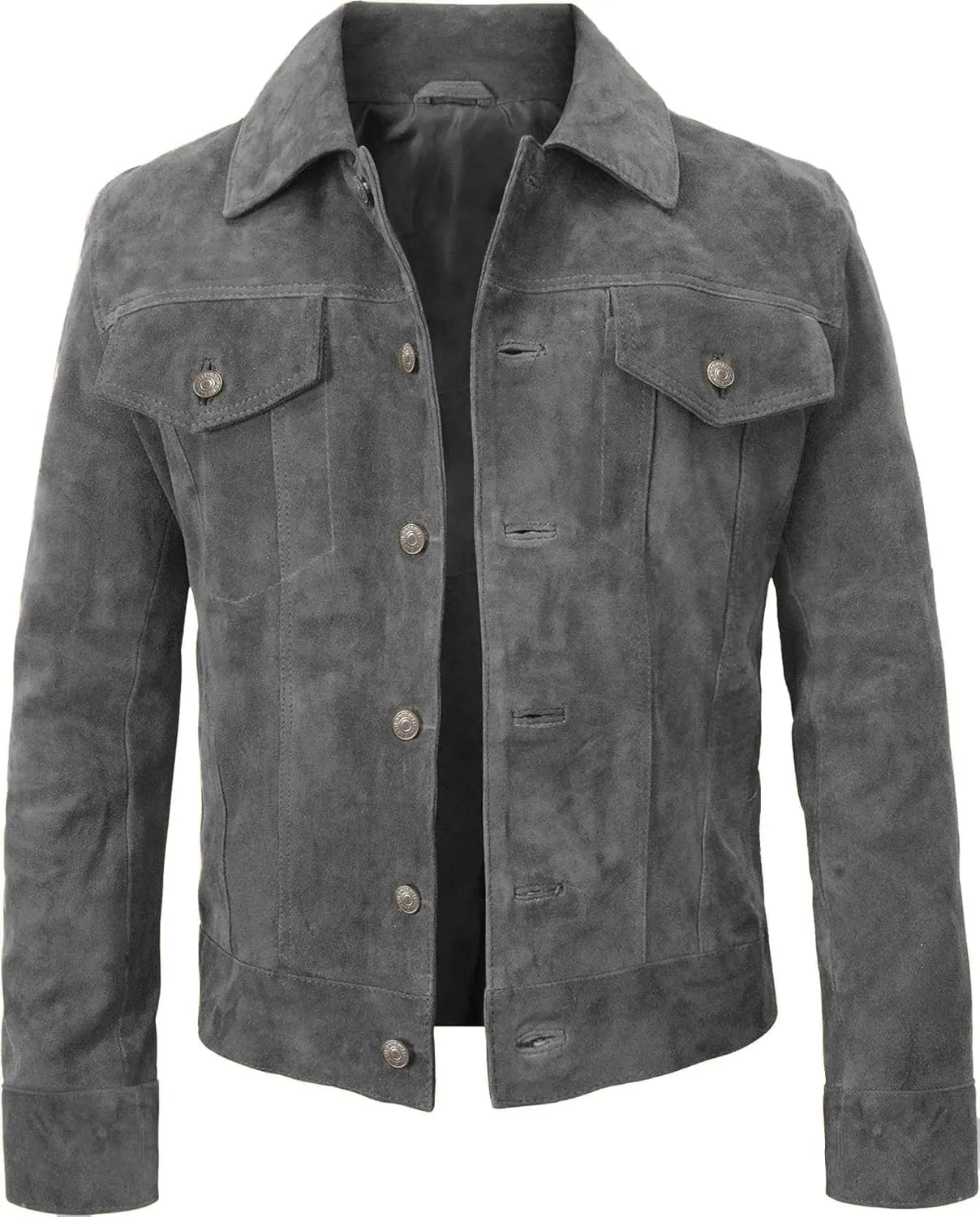 LP-FACON Mens Trucker Suede Leather Jacket - Western Style Cowboy Leather Jacket Brown/Black