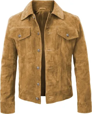 LP-FACON Mens Trucker Suede Leather Jacket - Western Style Cowboy Leather Jacket Brown/Black