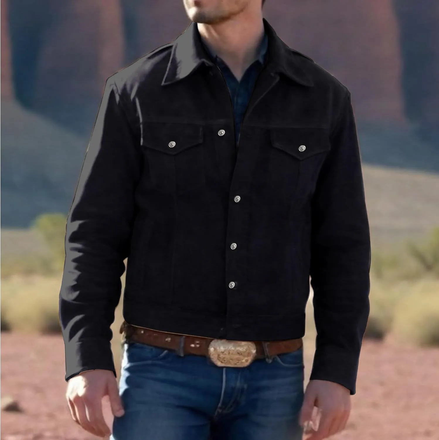 LP-FACON Mens Trucker Suede Leather Jacket - Western Style Cowboy Leather Jacket Brown/Black