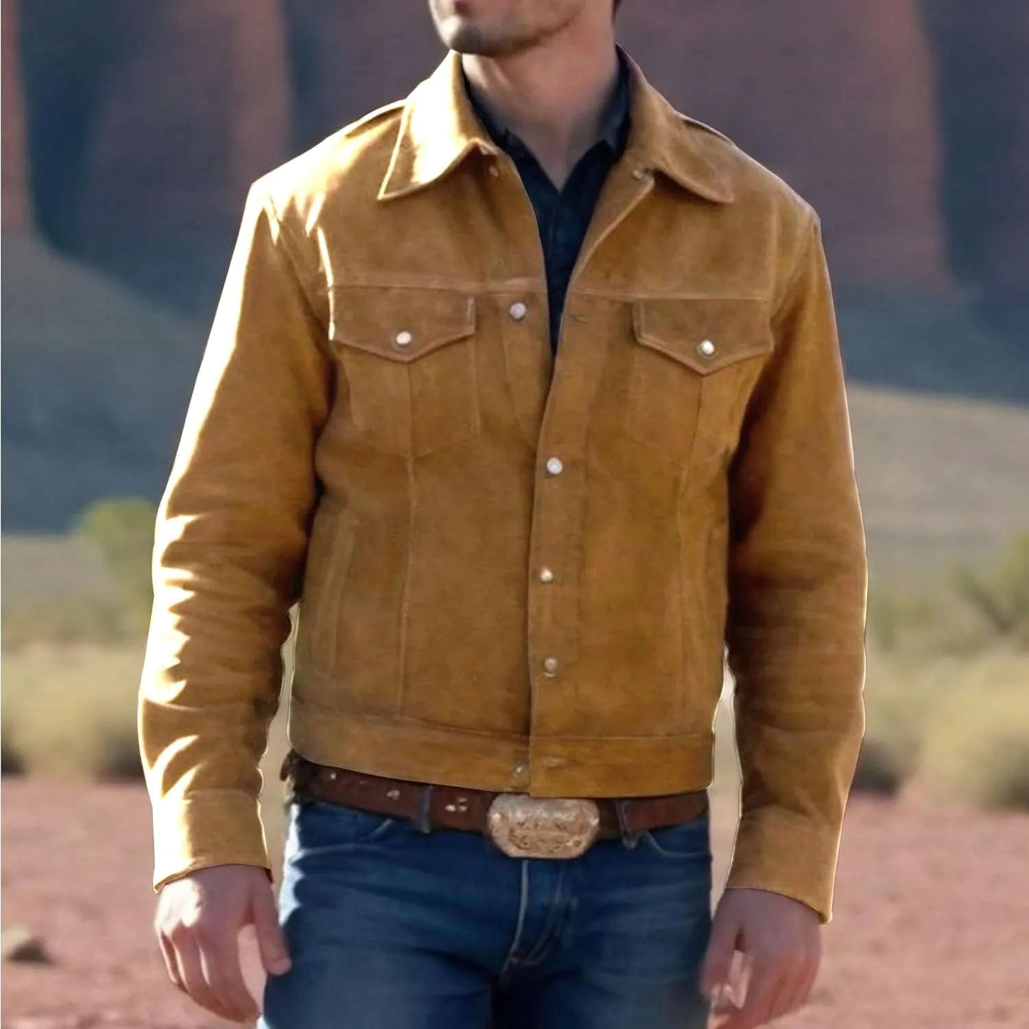 LP-FACON Mens Trucker Suede Leather Jacket - Western Style Cowboy Leather Jacket Brown/Black