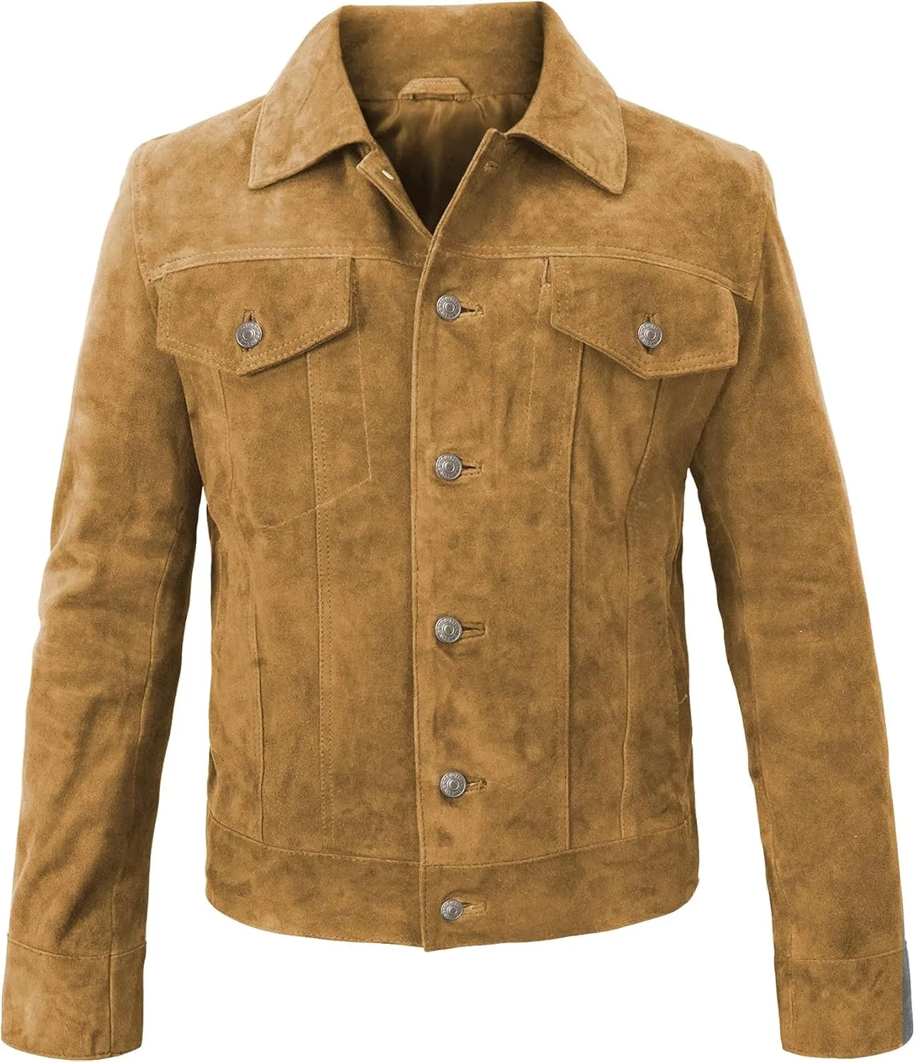 LP-FACON Mens Trucker Suede Leather Jacket - Western Style Cowboy Leather Jacket Brown/Black