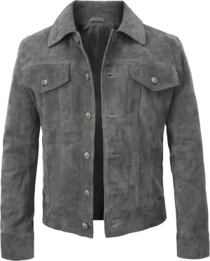LP-FACON Mens Trucker Suede Leather Jacket - Western Style Cowboy Leather Jacket Brown/Black