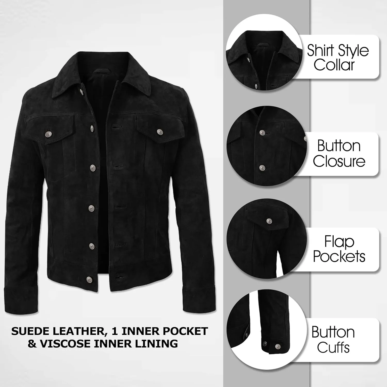 LP-FACON Mens Trucker Suede Leather Jacket - Western Style Cowboy Leather Jacket Brown/Black