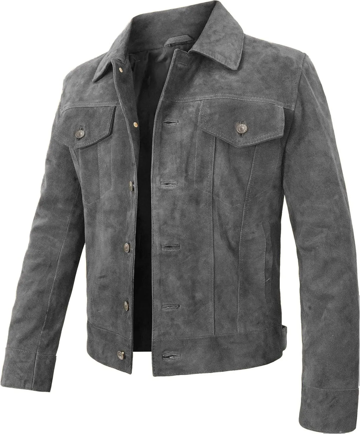 LP-FACON Mens Trucker Suede Leather Jacket - Western Style Cowboy Leather Jacket Brown/Black